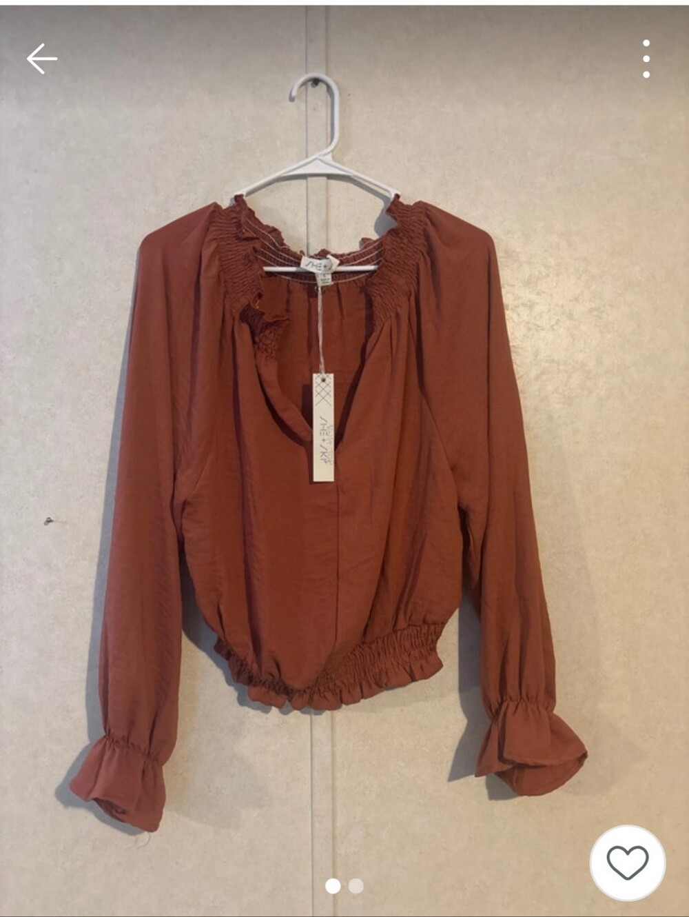 She + Sky Rust Ruffle-Neck Long Sleeve Blouse
